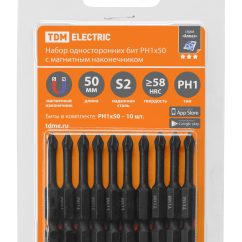 Набор бит PH1x50, односторонних, сталь S2, Е 1/4", намагниченные, торсионные, 10 шт., «Алмаз» TDM